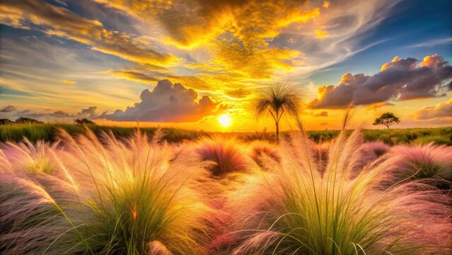 Florida's Perico Preserve ablaze: sunset's golden light paints Muhly grass, a breathtaking nature scene.