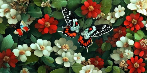 Beautiful flowers in vibrant green, red, and white hues attract a butterfly, showcasing the enchanting relationship between flowers and nature s beauty in this captivating plant scene.