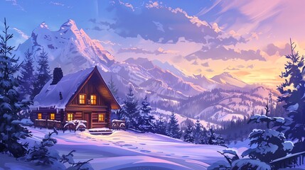 Fototapeta premium A cartoon illustration of a cozy wooden cabin nestled in a snowy mountain range.