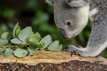 Fototapeta premium Close-up of a koala paw gripping a eucalyptus branch, highlighting textures and natural beauty in an intimate moment of wildlife