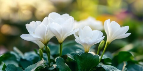 White cyclamen flowers bloom gracefully from large buds, showcasing their delicate beauty amidst a lush green background, making the white cyclamen a stunning display of nature s elegance.