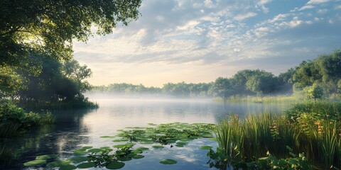 Obraz premium Riverfront scenery within an ecological environment showcases the natural beauty and harmony of the river, highlighting the vital connection of landscapes to ecological dynamics.
