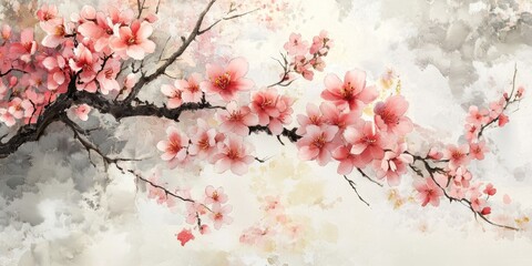 Fototapeta premium Calm Cherry Blossoms Branches adorned with delicate pink flowers create a tranquil and beautiful scene, highlighting the charm of these lovely blooms.
