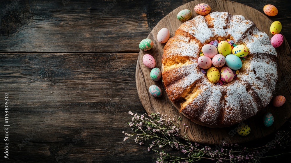 Poster easter cake decorated with colorful easter eggs serves as a delightful portion on the table. this to