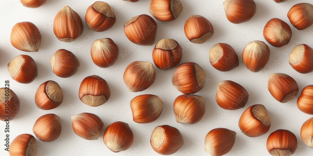 Poster scattered hazelnuts in their shells rest on a white surface, highlighting the nutritious qualities o