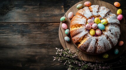 Easter cake decorated with colorful Easter eggs serves as a delightful portion on the table. This top view highlights the rustic meal, offering ample copy space for text in the food background.