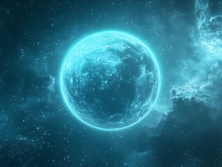 Obraz premium Glowing Celestial Sphere: Vibrant Digital Painting of a Futuristic Planet in Deep Space. AI Generated