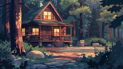 A cozy cabin in the woods with windows lit at dusk.