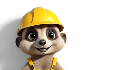 A cartoonish meerkat wearing a yellow constructor
