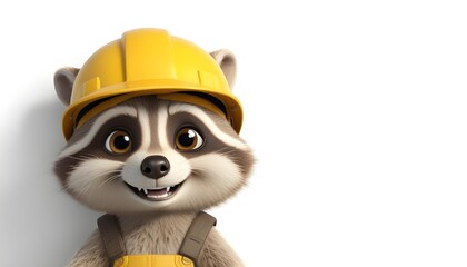 A cartoonish raccoon wearing a yellow constructor