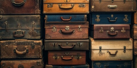 Vintage pile of ancient suitcases creates a nostalgic charm. The ancient suitcases showcase timeless designs and evoke stories of travel, making the vintage suitcase collection truly captivating.