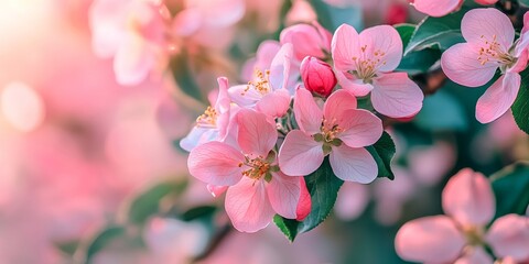 Close up of a blooming pink apple tree in a garden, showcasing the beautiful blossoms of the pink apple tree, perfect for highlighting the vibrant colors of spring.