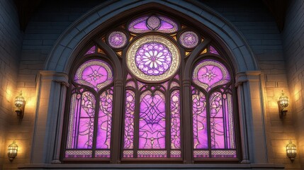 Gothic arched stained glass window with purple hues at night.