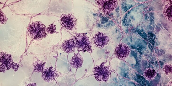 Gram stained smear from a sputum specimen showcasing Gram positive diplococci bacteria, highlighting Streptococcus pneumoniae, along with mucus and white blood cells viewed under 100X magnification.