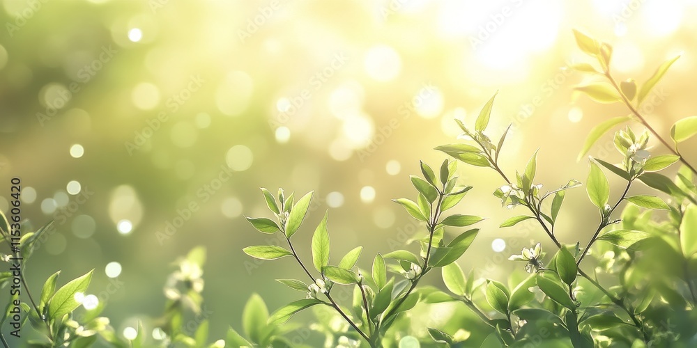 Poster soft blur elements create a serene atmosphere with green bokeh in the morning light. this enchanting