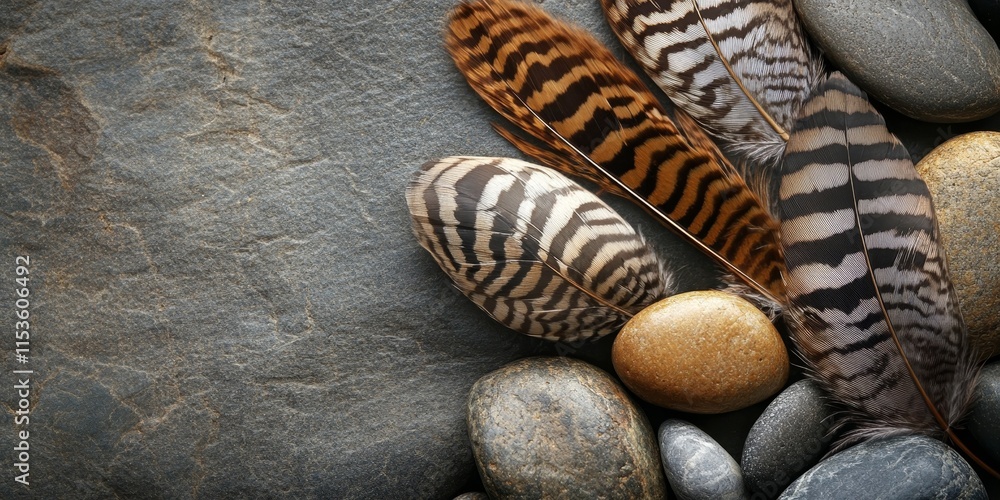 Poster feather texture background featuring decorative fluffy and striped small feathers resting on natural