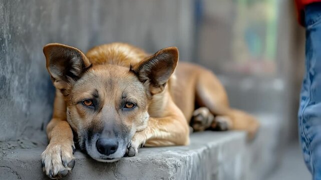 Portrait of a Resting Brown Dog with Intense Gaze. A brown dog with amber eyes rests on a stone surface, showing a calm yet alert expression.