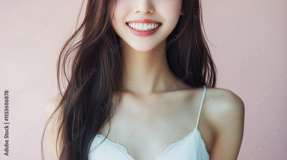 Poster 笑顔の若いアジア人女性モデルがドレスを着たファッション撮影。美しい長い髪と細いスタイルが魅力的なポートレート。