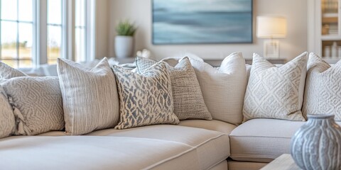 A contemporary living room showcases a comfortable sofa along with pillows, creating a cozy atmosphere that emphasizes relaxation and comfort in modern design.