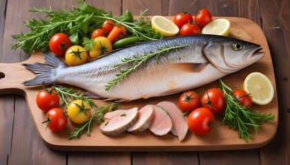 Smoked fish on a wooden board , surrounded by fresh herbs and vegetables