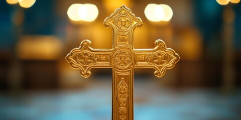Close up of a gold Greek Orthodox cross highlighting Orthodox Christian religious traditions, symbolizing faith and devotion within the rich heritage of Orthodox Christianity.