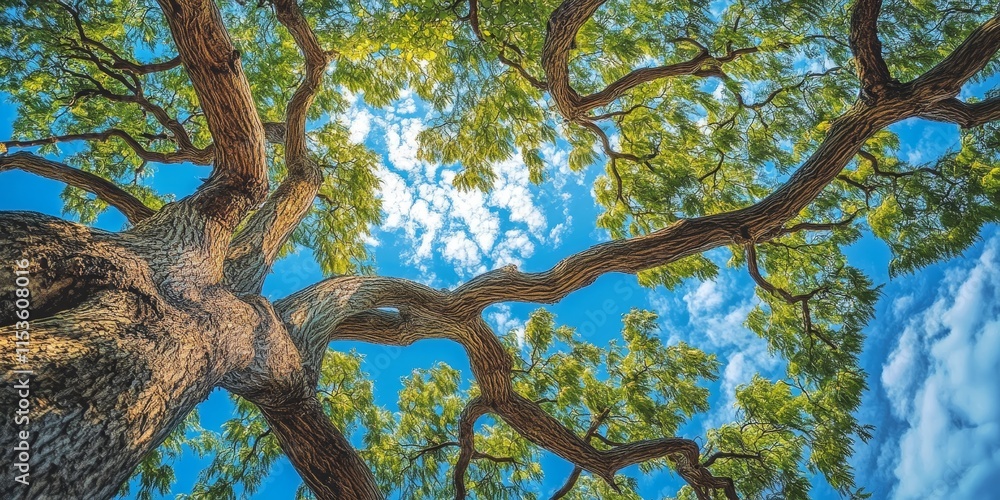 Poster a stunning view featuring the blue sky visible through a tree s many branches and leaves, creating a