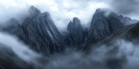 Sofr focus creates an atmospheric ghostly landscape featuring fuzzy silhouettes of sharp rocks surrounded by low clouds. Experience the dramatic view of large mountains blurred in rain haze with a