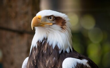 Fototapeta premium A portrait of a captive Steller's Sea Eagle in a zoo, showcasing the bird's powerful features and majestic look
