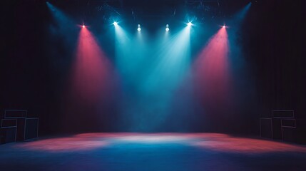 Naklejka premium Vibrant Stage Lighting: Dramatic Photo of Empty Performance Space. AI Generated