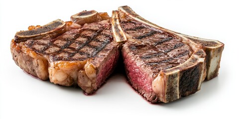 T bone steak and porterhouse steak, including bistecca alla fiorentina, are showcased in this image against a white background, highlighting the delicious appeal of these popular cuts of steak.