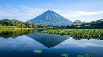 Volcanic peak reflected in tranquil lake, lush vegetation.