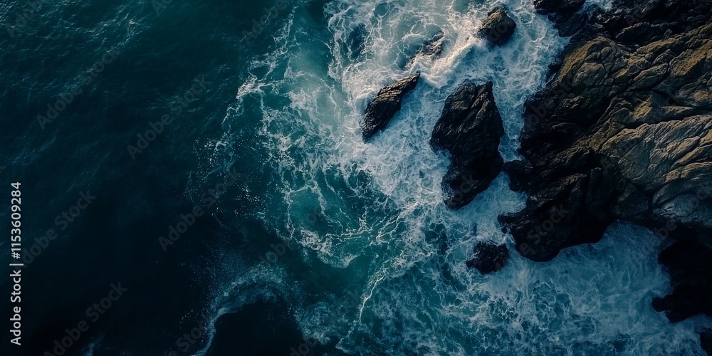 Aufkleber aerial view showcasing rocks and waves, capturing the dynamic interaction of see rocks with the flow