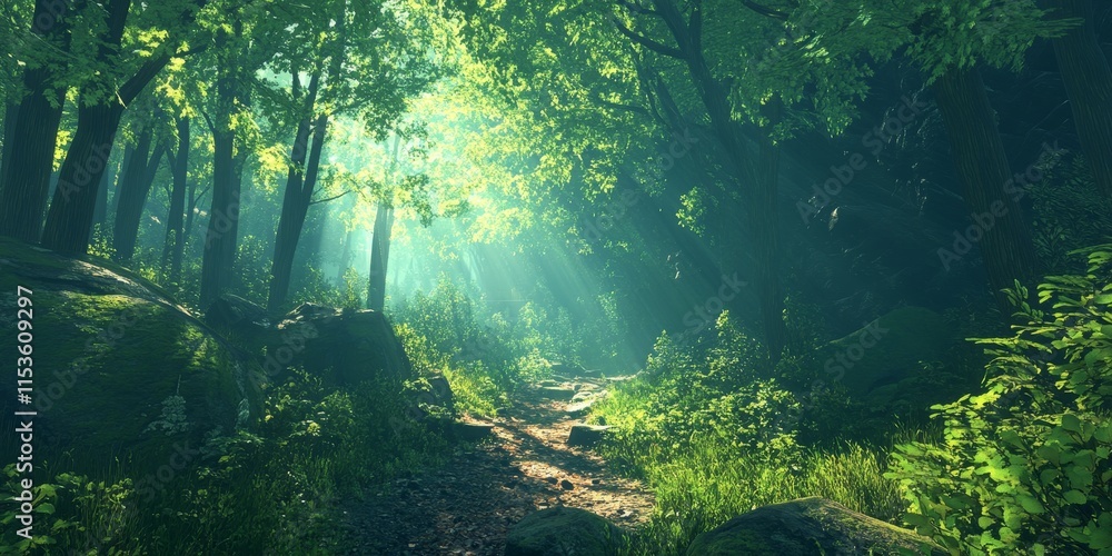 Poster the atmosphere of the forest is lush and overgrown, filled with vibrant leaves and tree branches tha