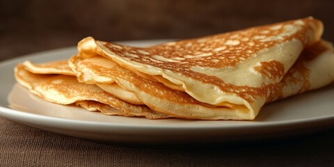 Delicious crepes displayed on a white plate, highlighting the thin texture of the crepes against a warm brown background, perfect for showcasing culinary delights of crepes.