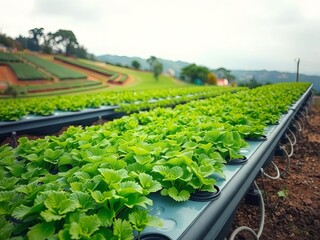 A picturesque aquaponics farm nestled on a hillside, where lush greenery and serene ambiance converge