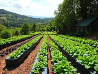 Obraz premium A serene aquaponics farm situated on a hillside, featuring lush rows of verdant plants and exuding a tranquil ambiance