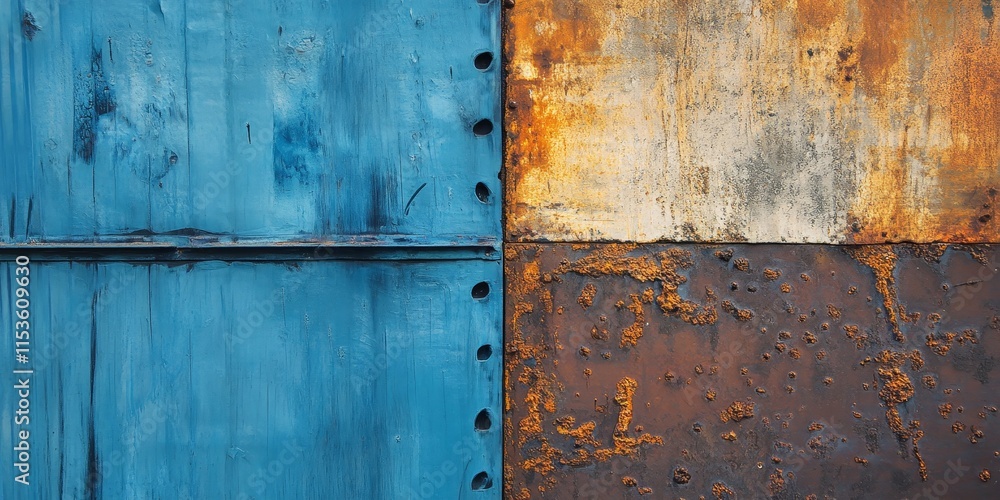 Poster abstract art featuring a blue metal background and a rusty metal background, showcasing streaks of r