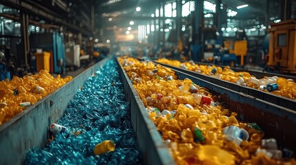 Fototapeta premium Colorful Recyclable Plastic Bottles Sorted in Modern Facility
