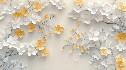 White and yellow paper flowers on beige background.