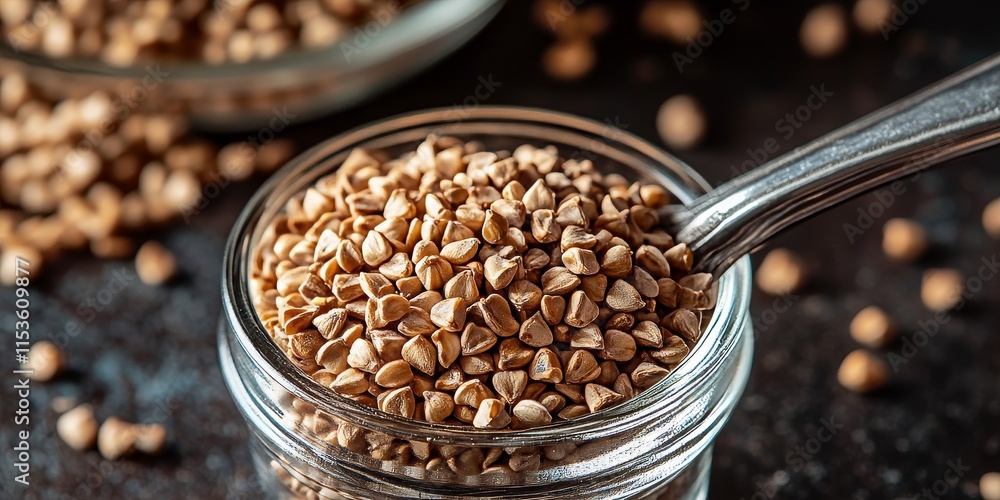 Poster brown buckwheat displayed in close up on a tablespoon within a glass, showcasing the unique texture 