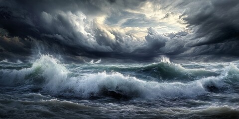 Obraz premium Dramatic view of the sea featuring a storm, with turbulent waves and dark clouds dominating the sky, creating a striking scene of natural power and beauty in this seaside landscape.