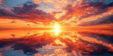 Fototapeta premium Stunning sunset with clouds and sky creating a breathtaking reflection over the sea, showcasing the beauty of sunset and the tranquil atmosphere it creates over the water.