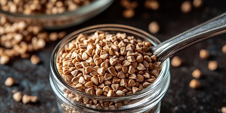 Brown buckwheat displayed in close up on a tablespoon within a glass, showcasing the unique texture and color of brown buckwheat, ideal for culinary and health related visuals.