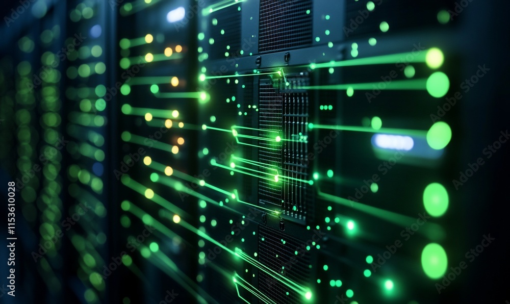 Poster a close-up of server hardware with glowing data flow visualizations.