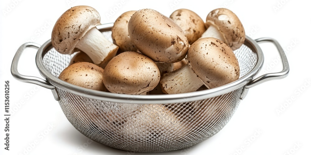 Poster isolated champignon in a sieve showcasing the unique texture and qualities of champignon mushrooms. 
