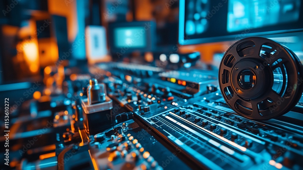 Poster a close-up view of a recording studio with audio equipment and reels.