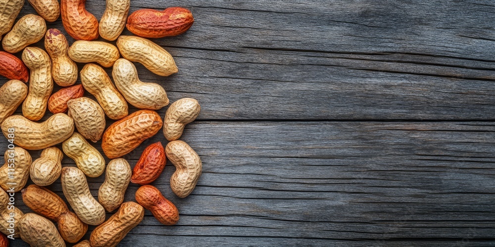 Poster peanuts in shells arranged on a wooden background, showcasing the natural texture and appeal of pean