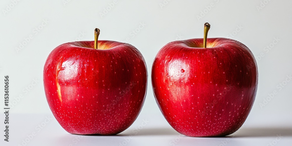 Poster a pair of apples set against a white backdrop, featuring a shiny, glossy surface that makes them sta
