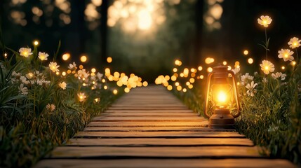 Obraz premium Path of Glowing Flowers Leading Towards a Tranquil Sunset with Lantern Light, Creating a Dreamy and Enchanting Atmosphere in Nature