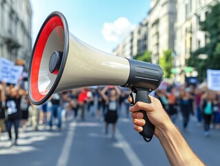 Person Holding Megaphone in Solidarity at Protest